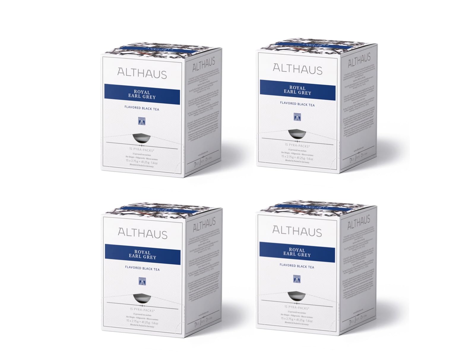 4 x Althaus Tee Set, Royal Earl Grey, Pyramidenbeutel, 60 Stück, aromatisierter Schwarzer Tee mit Bergamotte, Pyramiden-Teebeutel einzeln verpackt, premium Schwarztee