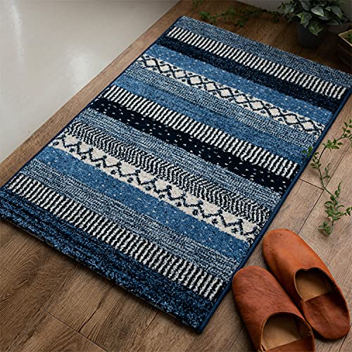 サヤンサヤン 玄関マット 室内 ジオメトリーラインⅡ ウィルトン織 67x120 ナチュラルブルー