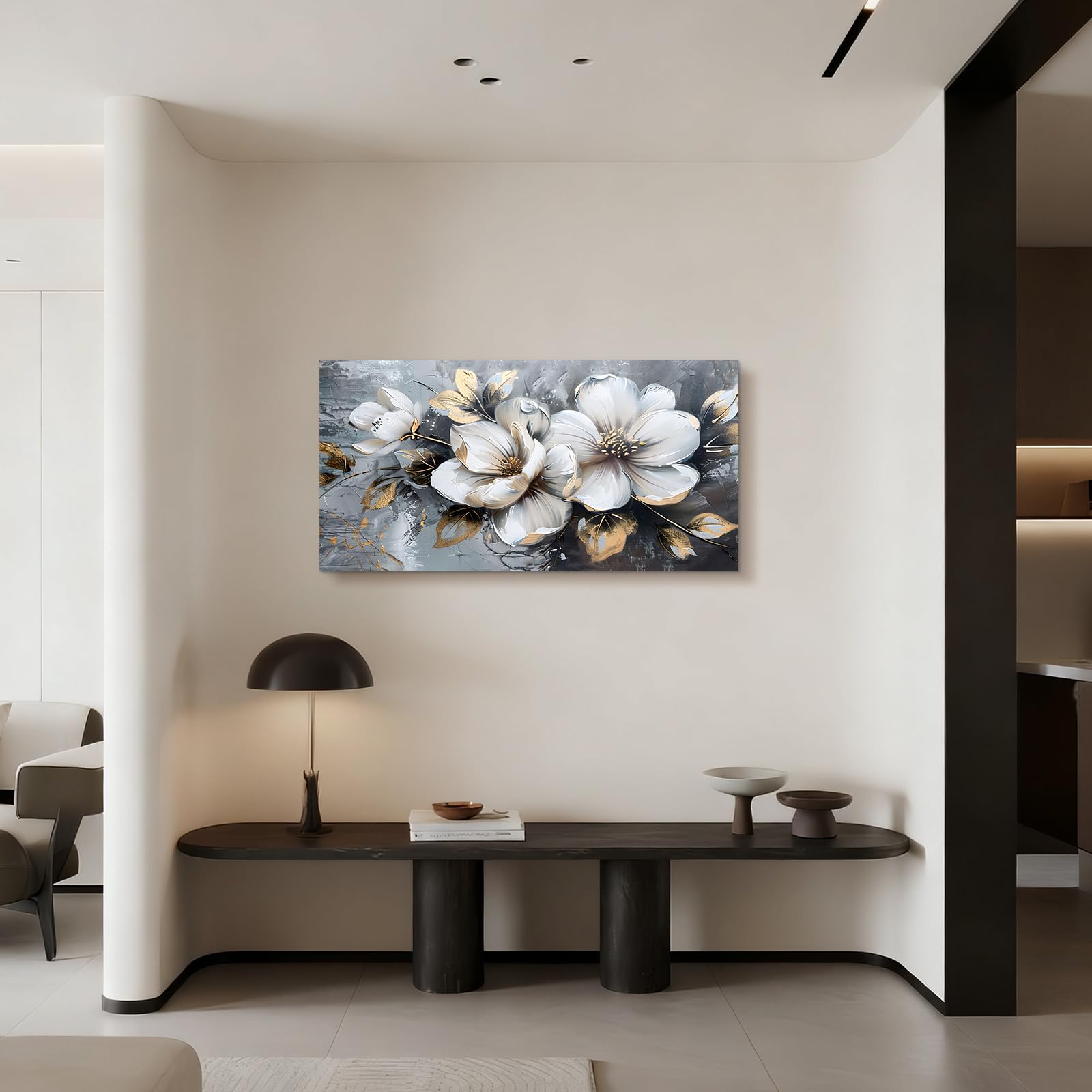 JHHUAMO Leinwand Bilder Groß, Modernes Wohnzimmerbilder, Weißer Blumen Ölgemälde, Wanddekoration Ästhetisches für Schlafzimmer Büro Treppe Esszimmer Arbeitszimmer Flur 59x119 cm