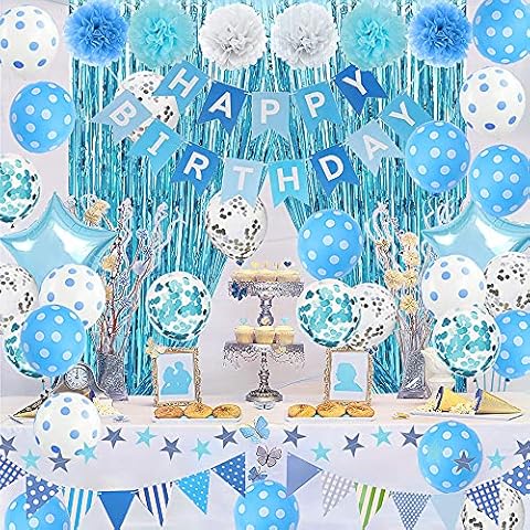 Light Blue Birthday Decorations, Blue and White Happy Birthday Party Supplies with Tissue Pom Pom flowers, Happy Birthday Banner, Confetti Balloons, Foil Fringe Curtain for Men Women Boys Girls Cover