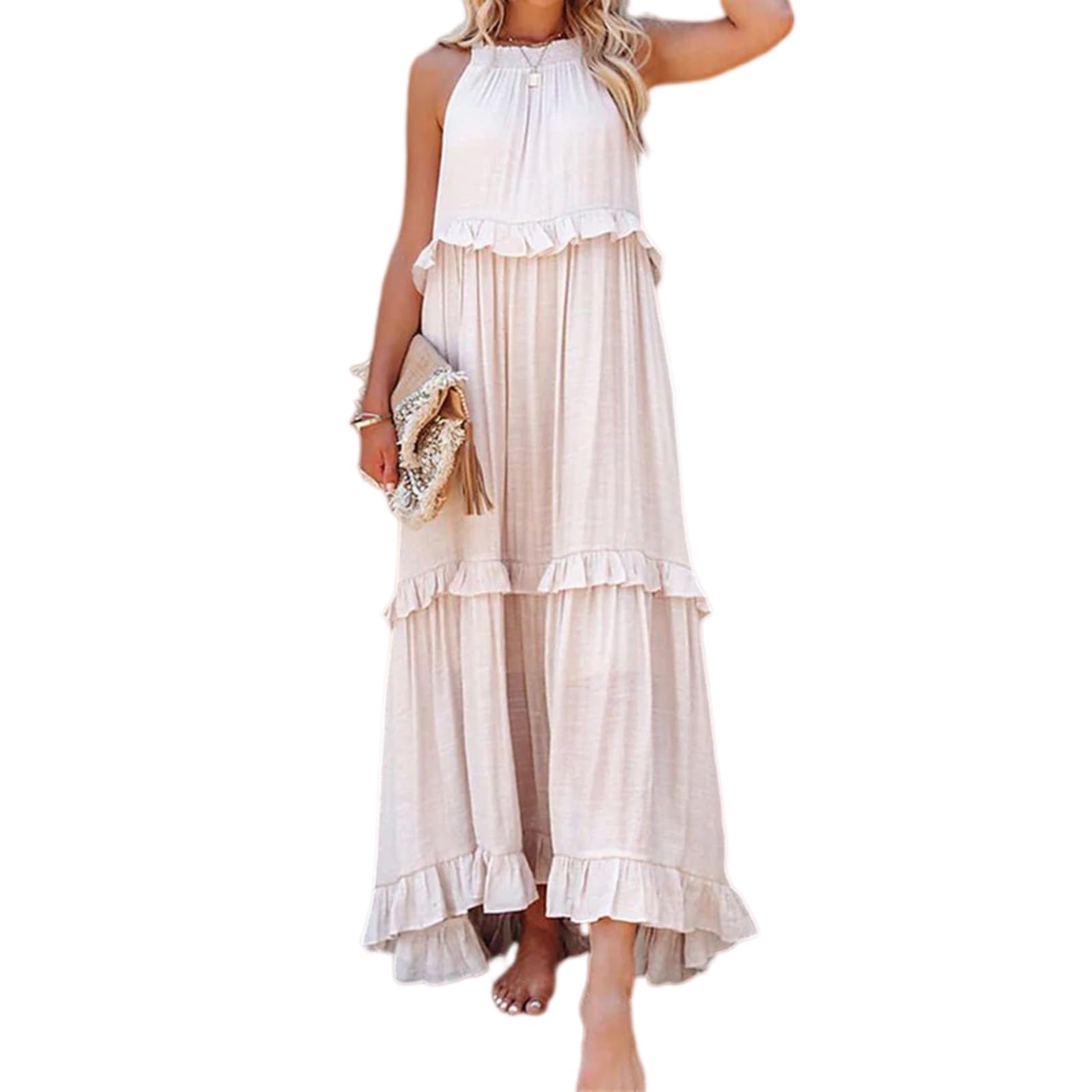 Vestito Donne 2026 Estate Elegante Ruffle Abito Senza Maniche Harajuku Maxi Sundress Casual Beach Vacation Party Dress-Apricot-m