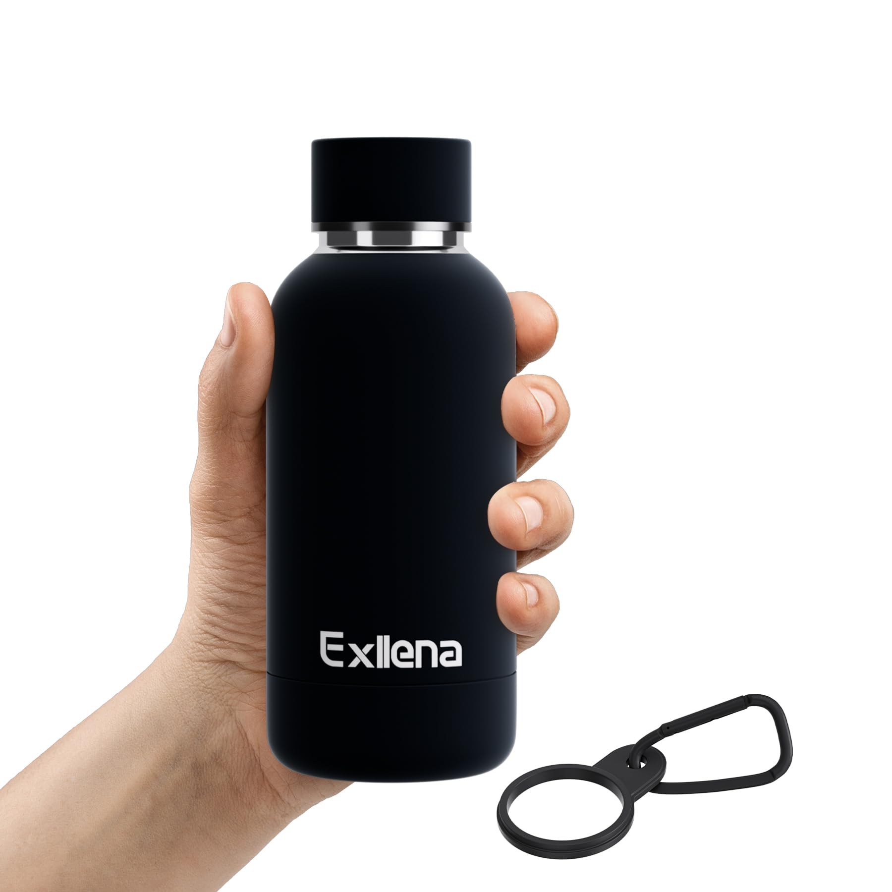 Exllena Double Wall Vacuum Insulated 350ml Bottle with Clip - Keeps Drinks Cold/Hot Up to 24/12 Hrs - BPA Free (Black)