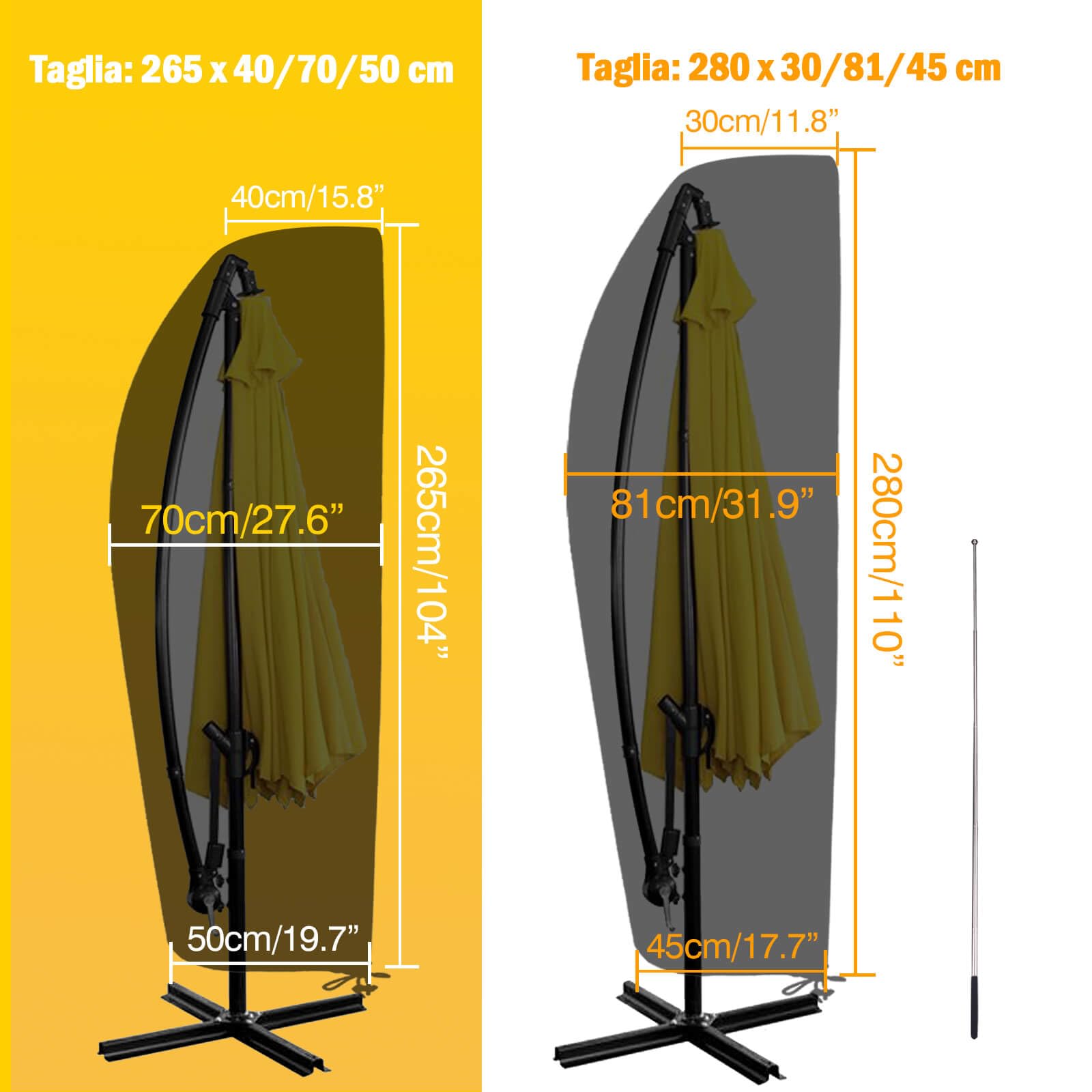 Reinalin Copertura per Ombrellone, Impermeabile Copertura Ombrellone da Giardino con Cerniera e Palo, Tessuto Oxford, Antivento, Anti-UV (265 x 40/70/50 cm)