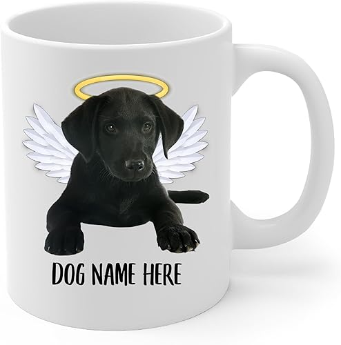 Taza de café conmemorativa con nombre personalizado, diseño de alas de ángel, color negro, labrador retriever, regalos de condolencias para los