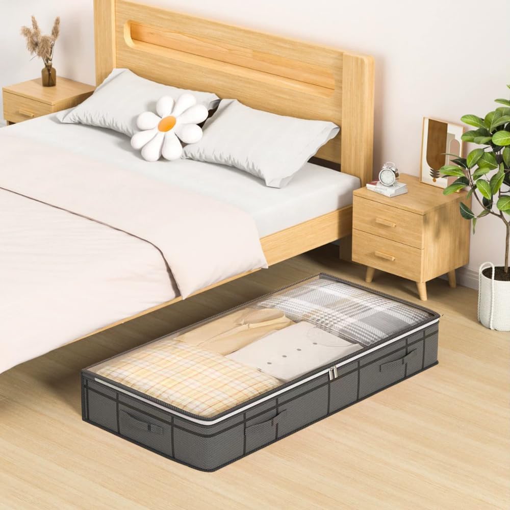 1 Set of 90L Under Bed Drawer Storage Box,with Clear Window - Dustproof Underbed for Clothes, Organizer for Bedroom,Space-Saving Underbed Organizer for Bedding, Grey