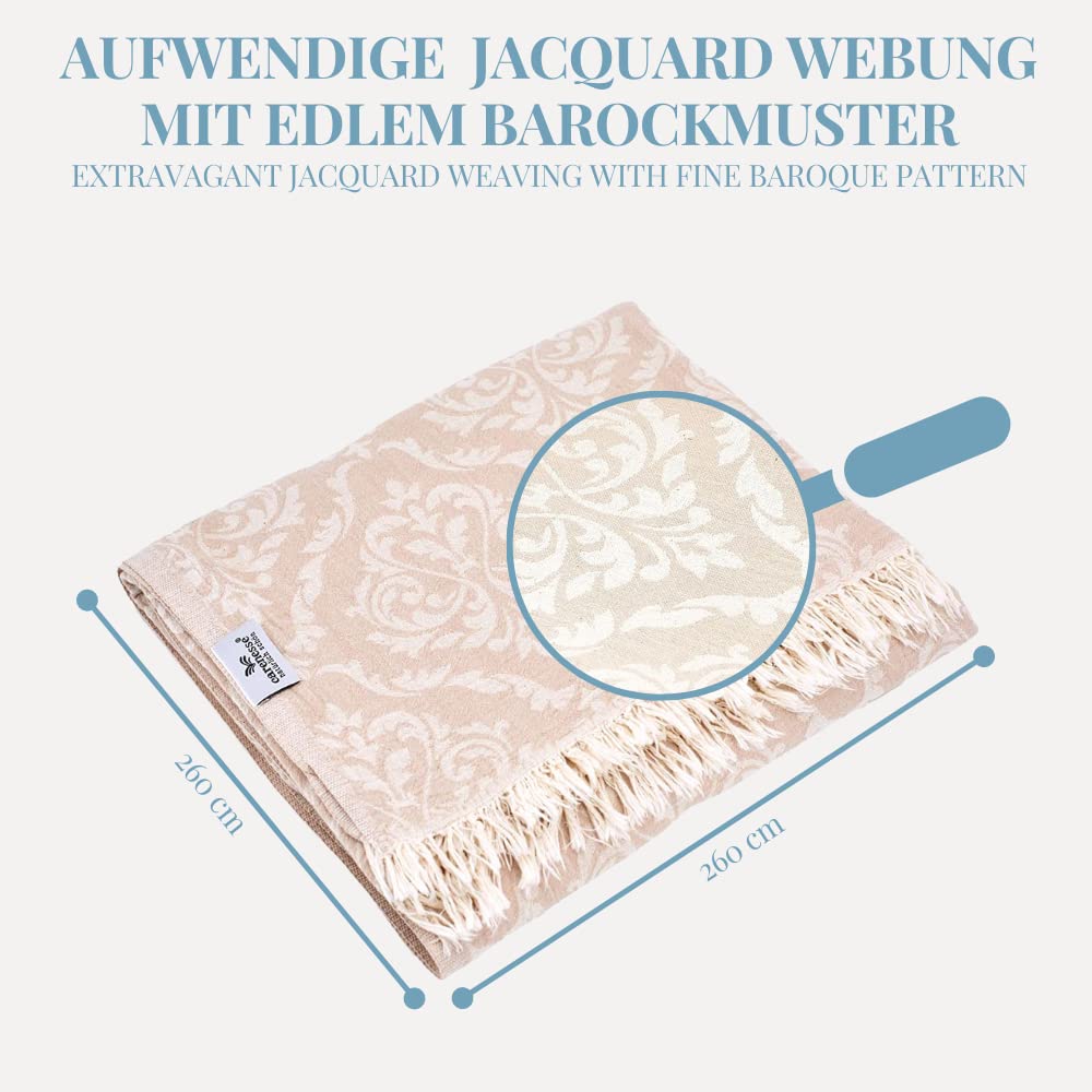 Carenesse Jacquard Tagesdecke King Size Barock 260 x 260 cm beige I Edle & zarte Wendedecke aus 100% Baumwolle mit hochwertiger Webung I Überwurf für Bett & Sofa I Wohndecke dünn & leicht | 100% Baumwolle, Wendedecke Hochwertige Webung Dünn & leicht, wasc