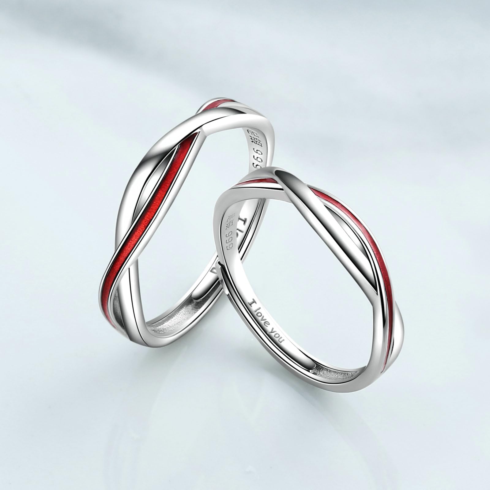 Anello di Coppia Filo Rosso, Anelli Argento Sterling con Linea Rossa Anello di Fidanzamento Donna Incisione Anello Argento Matrimonio Regolabile per Uomo e Donna