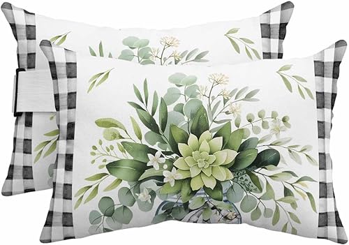 Paquete de 2 fundas de almohada lumbar con hojas de eucalipto, impermeables, para exteriores, color verde botánico acuarela negra a cuadros para