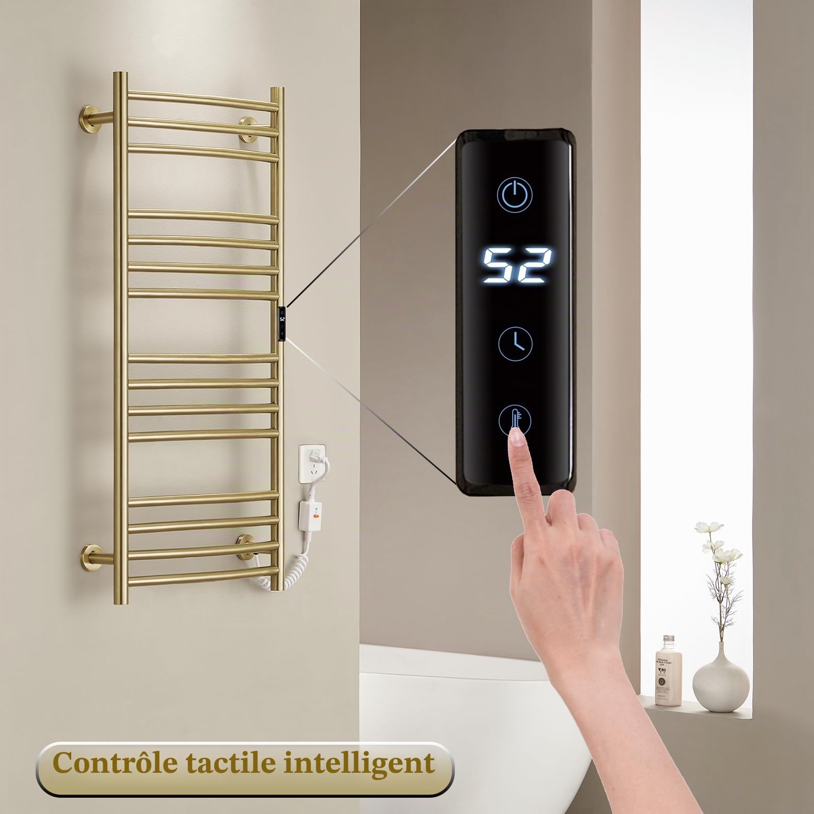 ESOP Sèche-Serviette Électrique Or Brossé 185 W Chauffe-Serviettes 110×60 cm WiFi Intelligent Porte-Serviettes Chauffant Électrique 15 Barres Courbes Commande Tactile à LED Radiateur de Salle de Bain