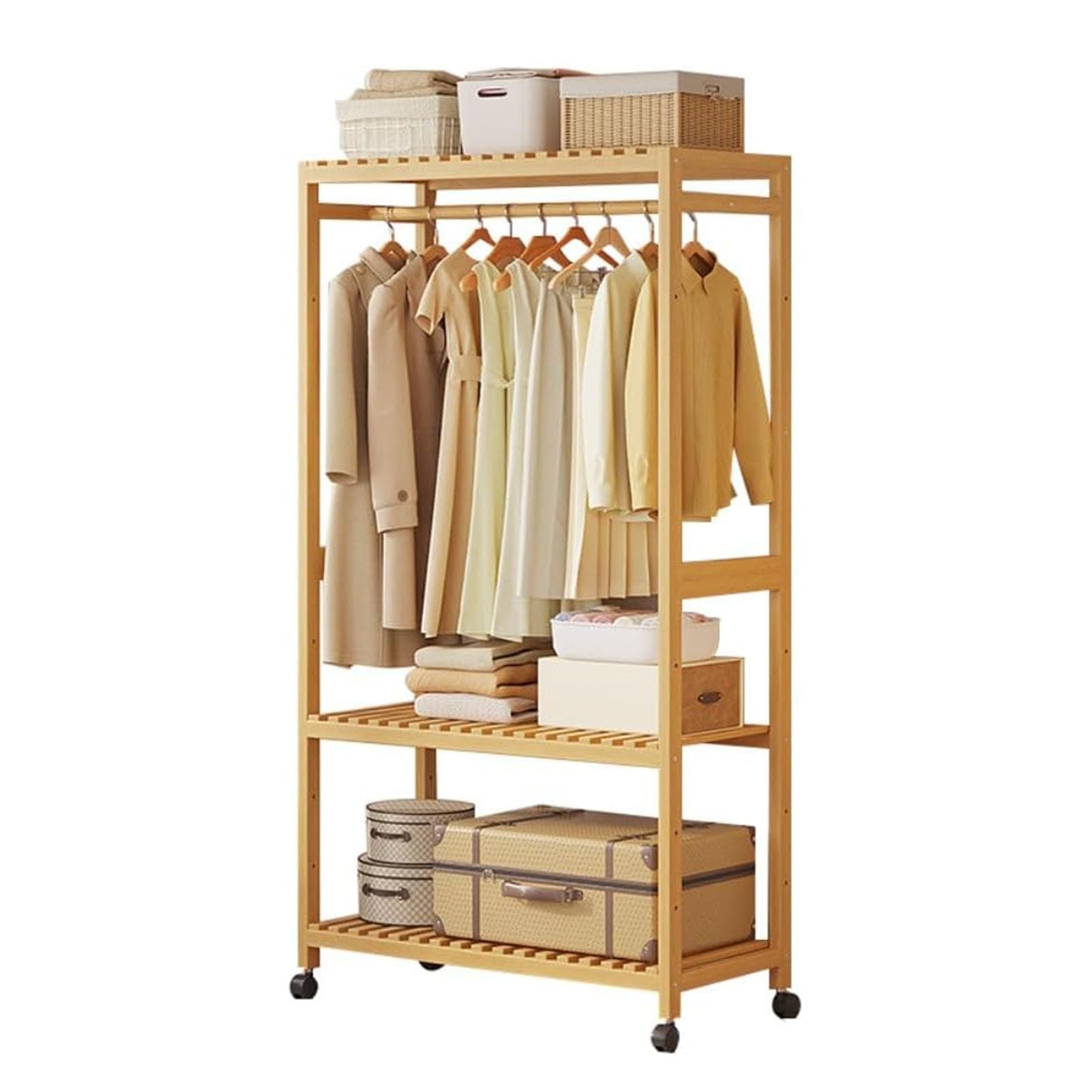 Romyqpipy Garment Rack with Wheels, Bamboo Coat Rack Stand with 3 Tiers Storage Shelves Organizer and One Top Rod, Space Saving Clothes Rail Open Wardrobe for Entryway Bedroom Corner, Wood Color