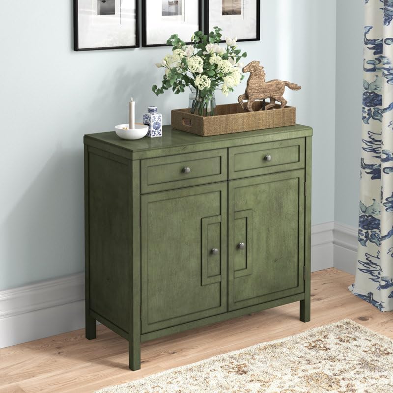 WOOD WHEEL Accent Cabinet with Two Doors | Rustic-Styled Solid Wood Storage Unit | Perfect for Living Room, Bedroom, and Hallway Décor (Green)