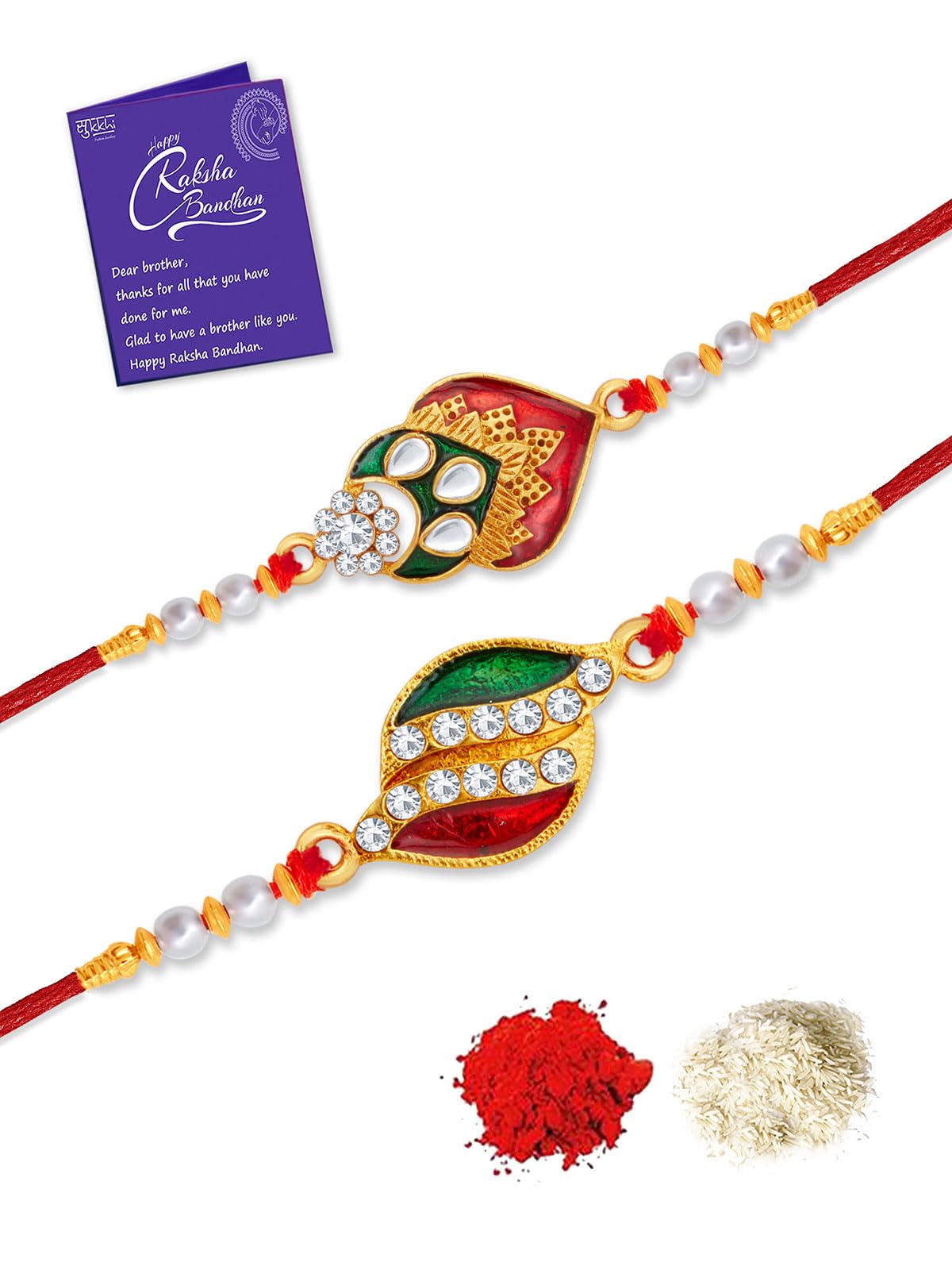 Sukkhi Rakhi Exquisite Kundan Rakhi Combo & Designer Gold Plated Premium Rakhi for Brother, Roli Chawal & Greeting Card|Rakhi for Bhaiya|Rakhi for MEN|Kundan Rakhi|Rakhi Combo-Set of 2 |CBRAK105009 (B0C7W4DM67) Amazon Price History, Amazon Price Tracker