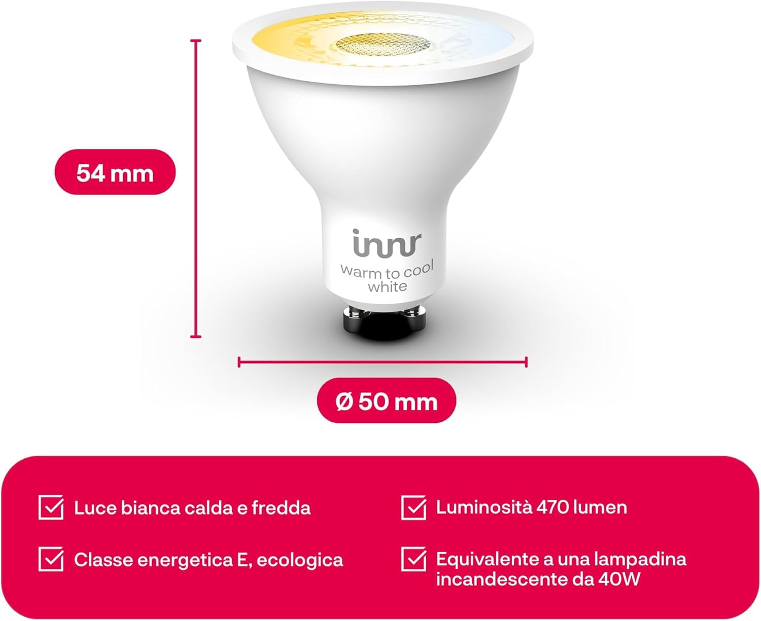 innr Lampadina Smart GU10 Zigbee, Funziona con Hue* e Alexa (Bridge Richiesto), Faretto Luce Bianca Calda e Fredda, Lampadine Dimmerabile, Lampadine LED, 470 lumen - 4 pezzi