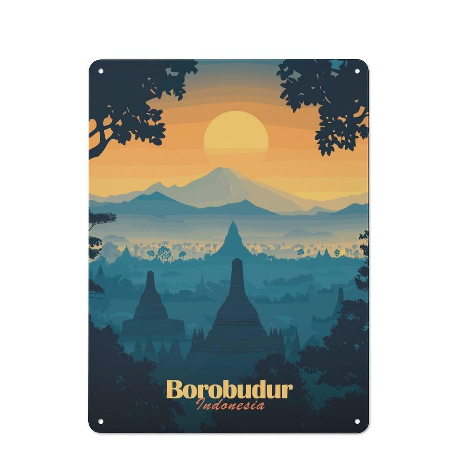 Junmoney Style-10 Borobudur Temple Sunset Rustic Tin Wall Plaque 40X30cm For Hobby Room Or Studio, A Christmas Gift For People Styling Hobby Room And Studio