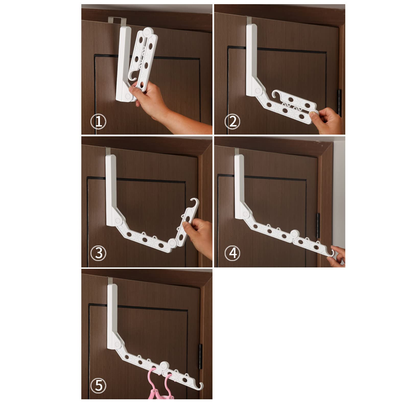 Topyond Folding Door Hanger with 5 Holes,Wall Mounted Clothes Hanger Rack, Retractable Laundry Drying Rack - Space Saving Coat Organizer in White for Laundry Room Bedroom