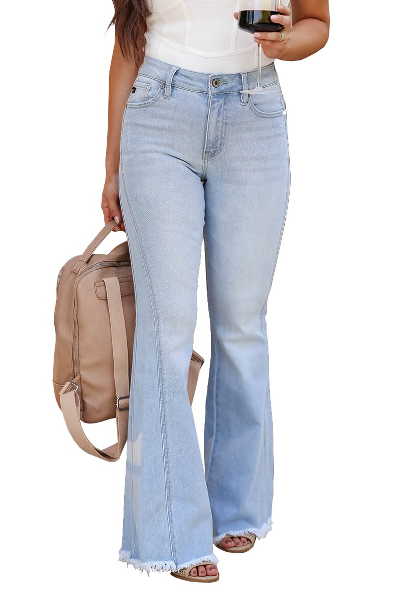 WihionWihion Women's Stretchy Ripped Flared Jeans Wash Frayed Hem High Waist Denim Pants Vintage Bell Bottom