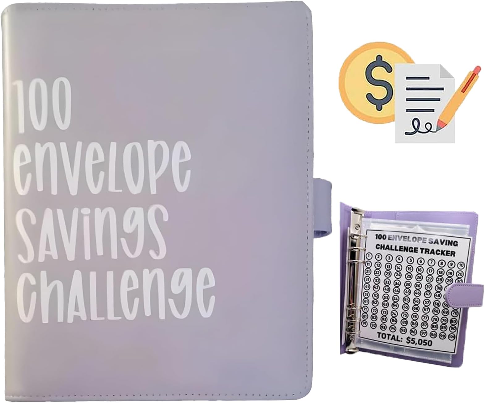 100 Envelope Challenge Binder, Savings Challenges Sheets，Easy and Fun Way to Save $5,050, Budget Binder with Cash Envelopes, Savings Challenges Binder, Budget Planner Book for Budgeting (Lilac)