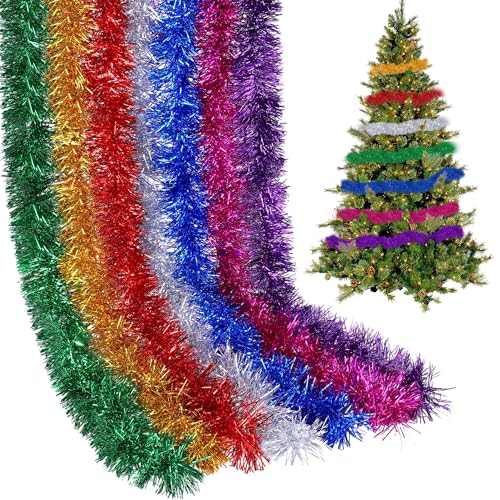Vivantia 7 Pieces Multicoloured Christmas Tinsel Garlands Thick Tree Hanging Decoration Reusable Shiny Metallic Twist Garland for Indoor Outdoor Holiday Party Supplies, 7 Colors, 14 m in Total