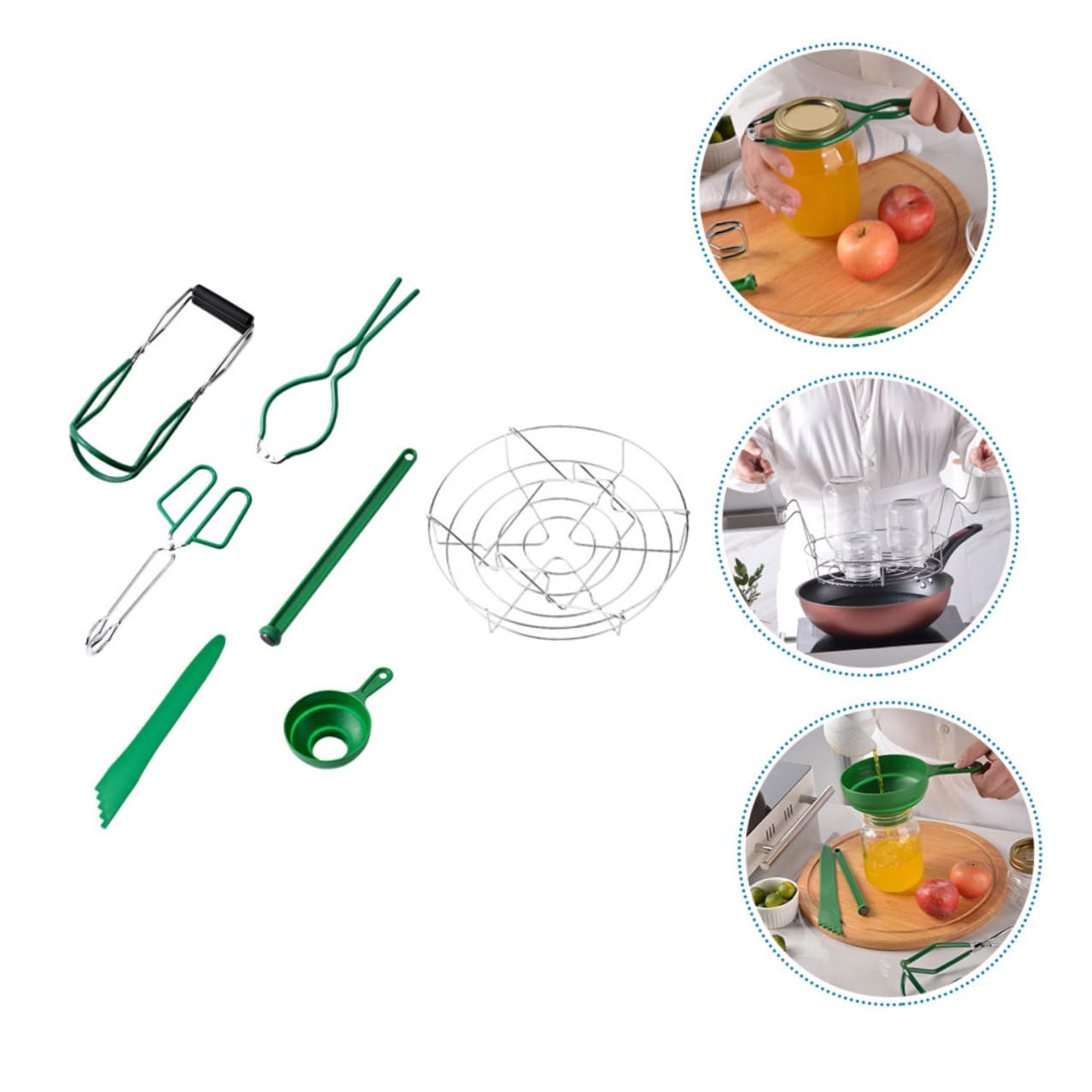 SHINEOFI 7 Pezzi Canning Kit per Conservare Marmellate con Pinze Antiscottatura e Imbuto Utensili Professionali per Cucina Casalinga Accessori per Barattoli e Conserve Verde