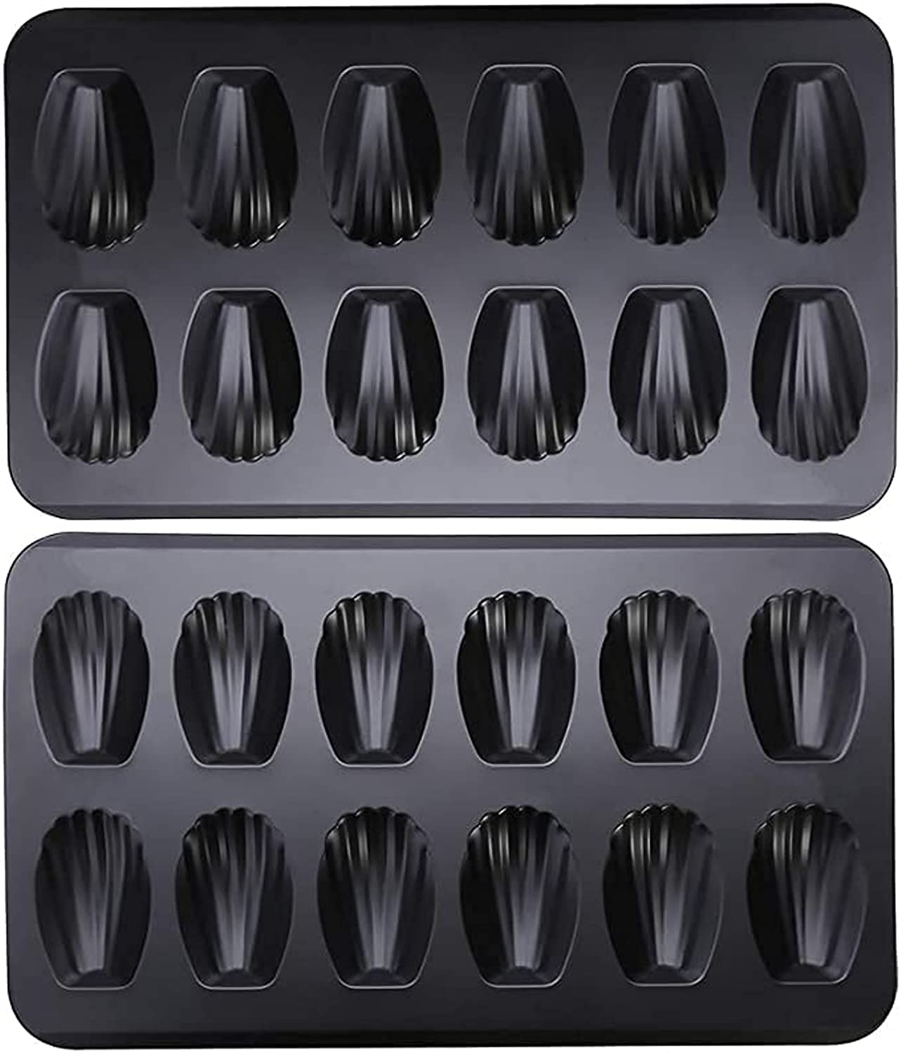 AMERTEERNonstick Madeleine Pan (2 pcs) 12-Cavity Heavy Duty Madeleine Cookies Trays for Oven Baking, Warp Resistant Shell Shape Madeleine Mold Cake Pan (Black)