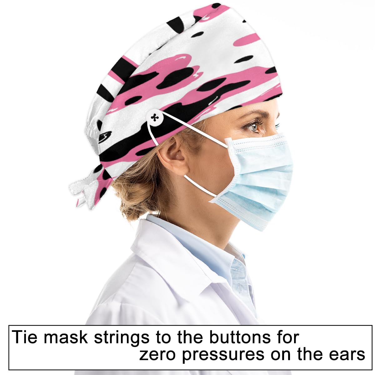 Aglebo Colorful Cow Pattern Working Caps with Buttons Sweatband Adjustable Elastic Bouffant Surgical Caps Breathable Nurse Doctor Hat Men Women