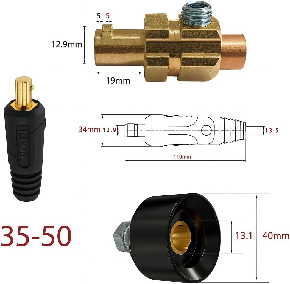 TIG Welding Cable Panel Connector Plug DKJ35-50 & DKZ35-50 Dinse-Style 4pcs | TIG Welding Cable Panel Connector Plug & Socket Set DKJ35-50 DKZ35-50 315A Red & Black Color Dinse-Style Quick Fitting 4pcs