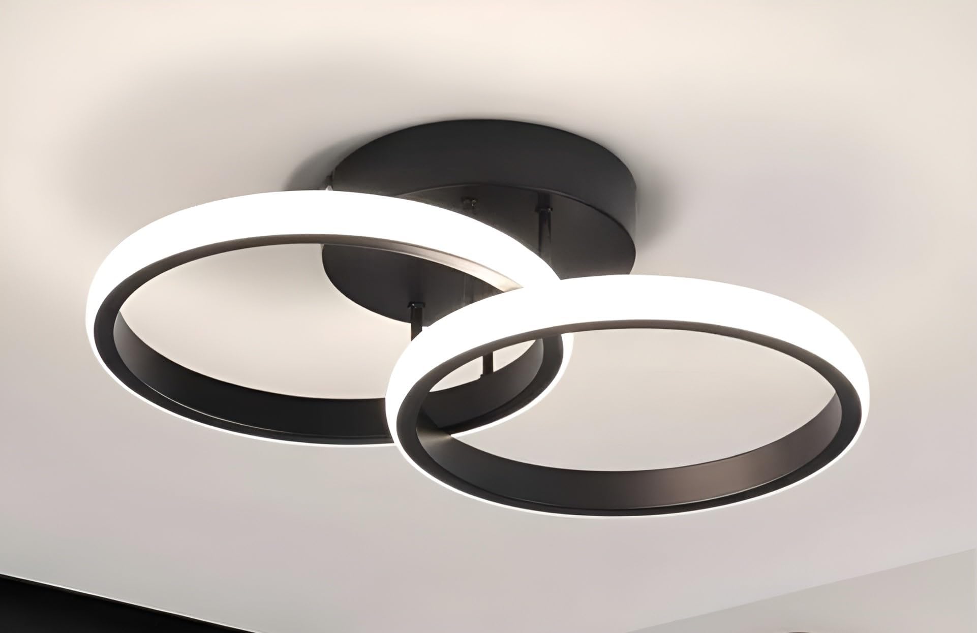 Modern LED Ceiling Light with Dual Ring Design, 48W Warm White Ceiling Light for Living Room, Bedroom, Dining Area, Contemporary Decorative Indoor Ceiling Lamp, Metal Body, Black Finish for Home Use