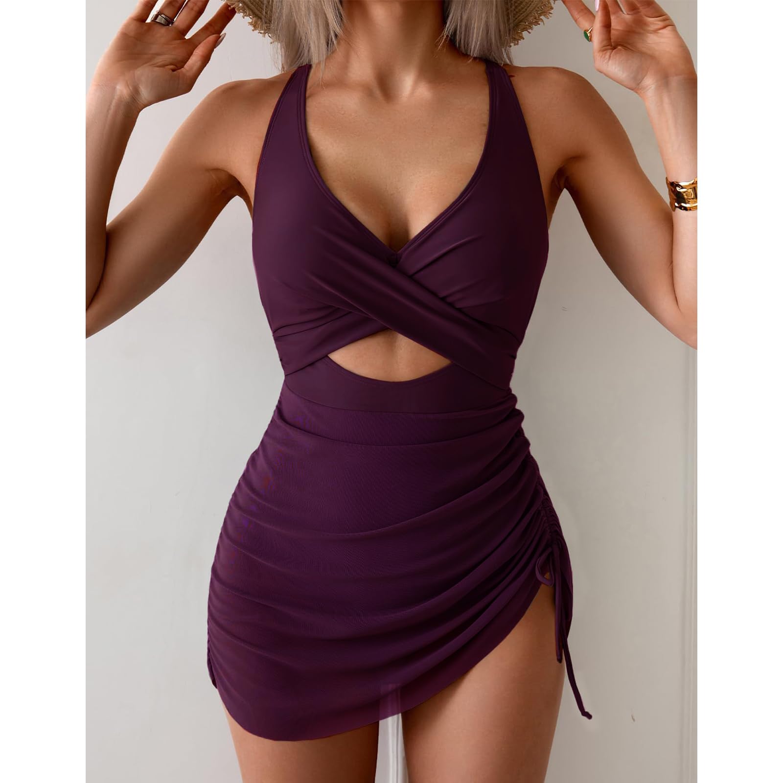 OUSIMEN Traje de Baño Mujer de Una Pieza Cuello en V Escote en la Abdomen Bañador Fruncido Monokini