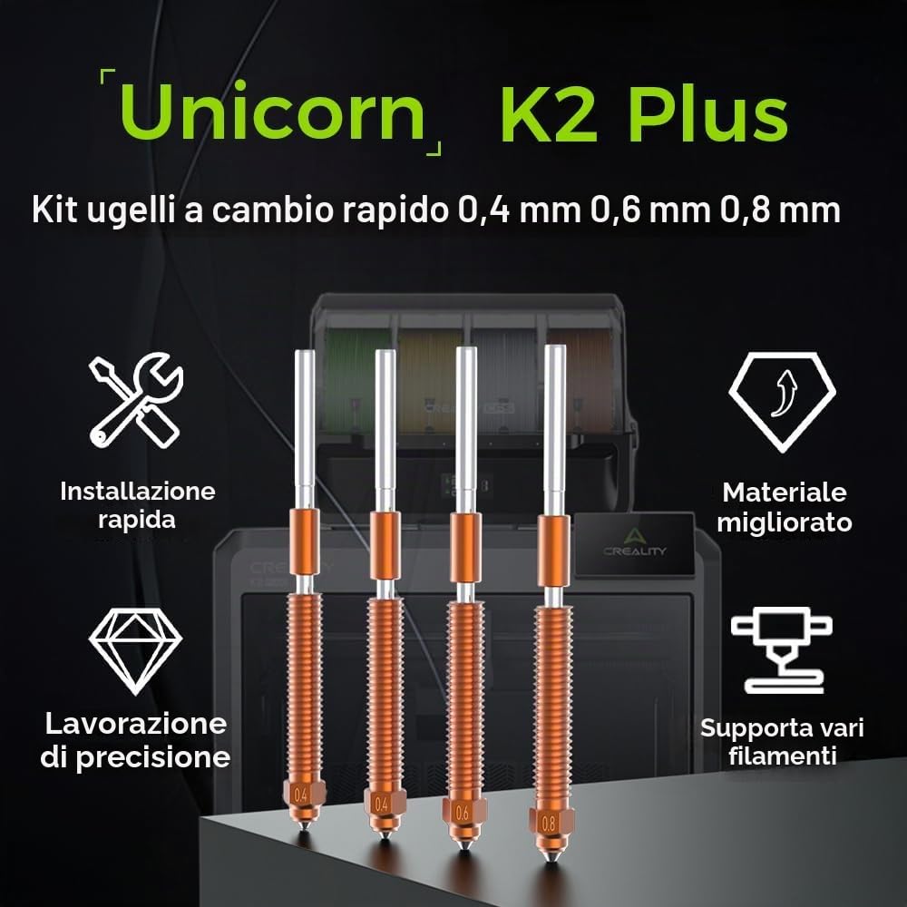 Creality Linx K2P - Kit di ugelli a cambio rapido integrato, 4 pezzi, smontaggio e montaggio rapido, materiale migliorato, diversi diametri, adatto per K2 PLUS