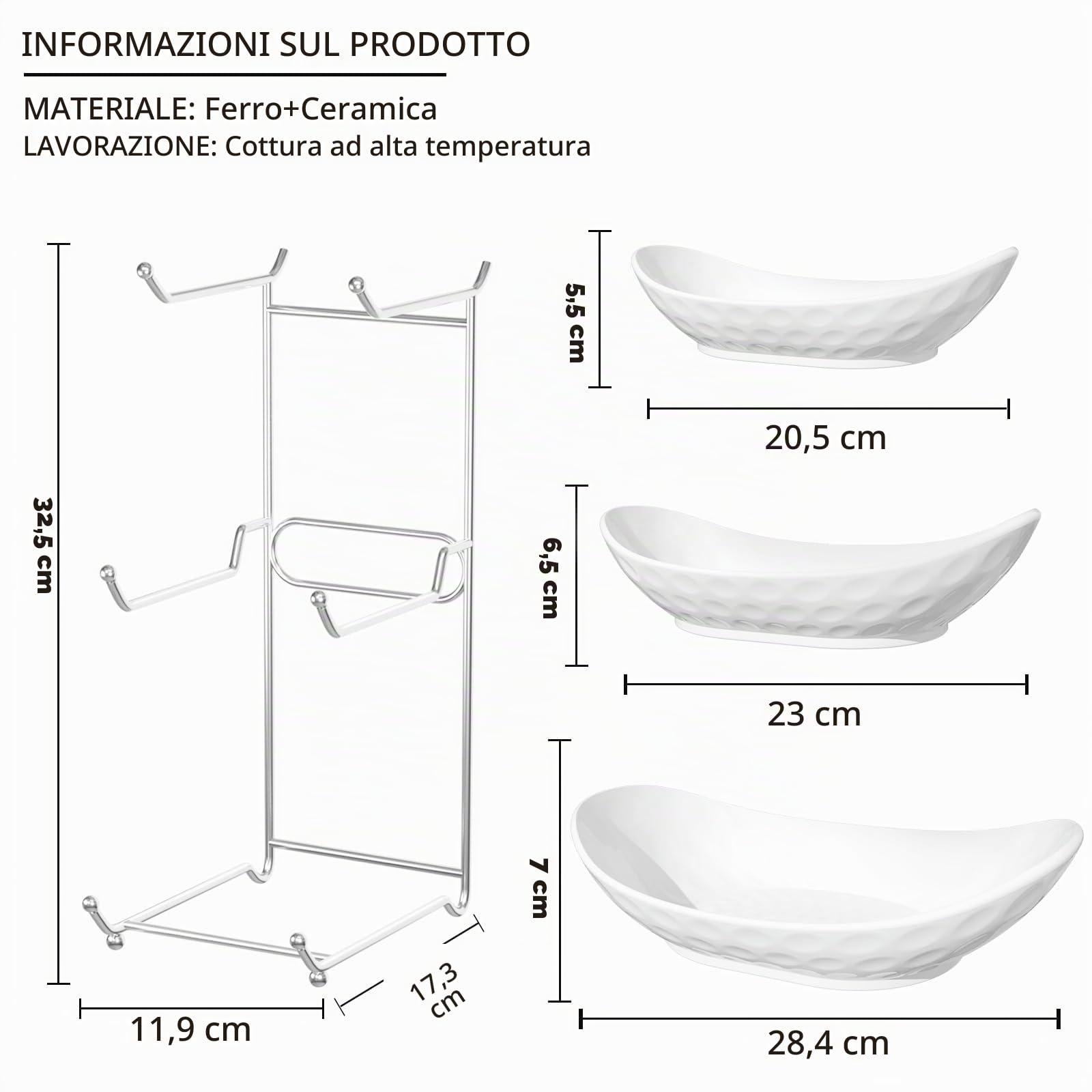 Ciotola per frutta, cesto di frutta in ceramica a 3 livelli, supporto da portata con ripiano in metallo, ciotole da cucina in porcellana per frutta, verdura, snack, noci, dessert, torta,