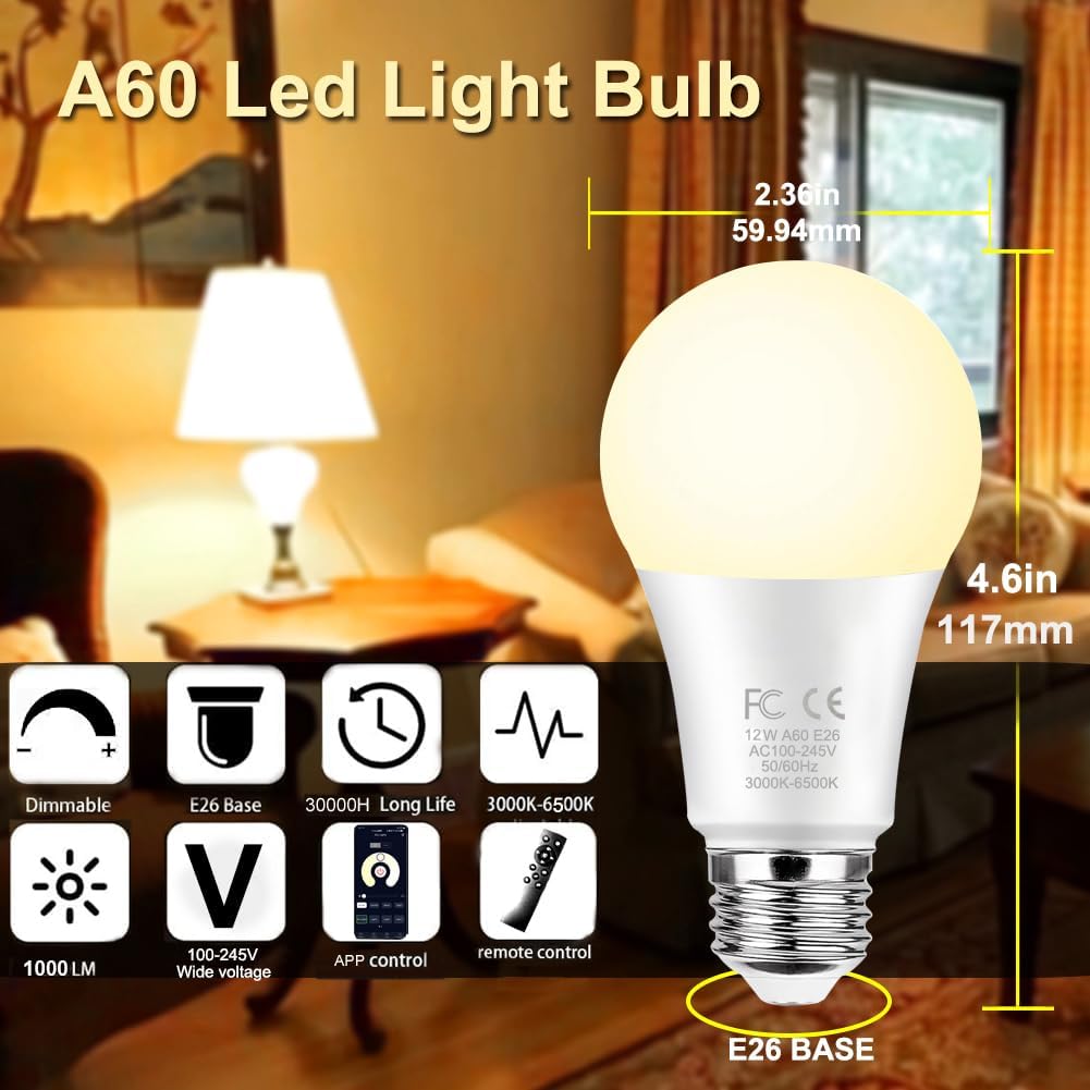 GRV 12W A60 LED ampoule intelligente avec une télécommande 2.4GHz,Dimmable 2700K-6500K,1000LM,base E27, Restaurant Lampe,1 télécommande et 3 ampoule