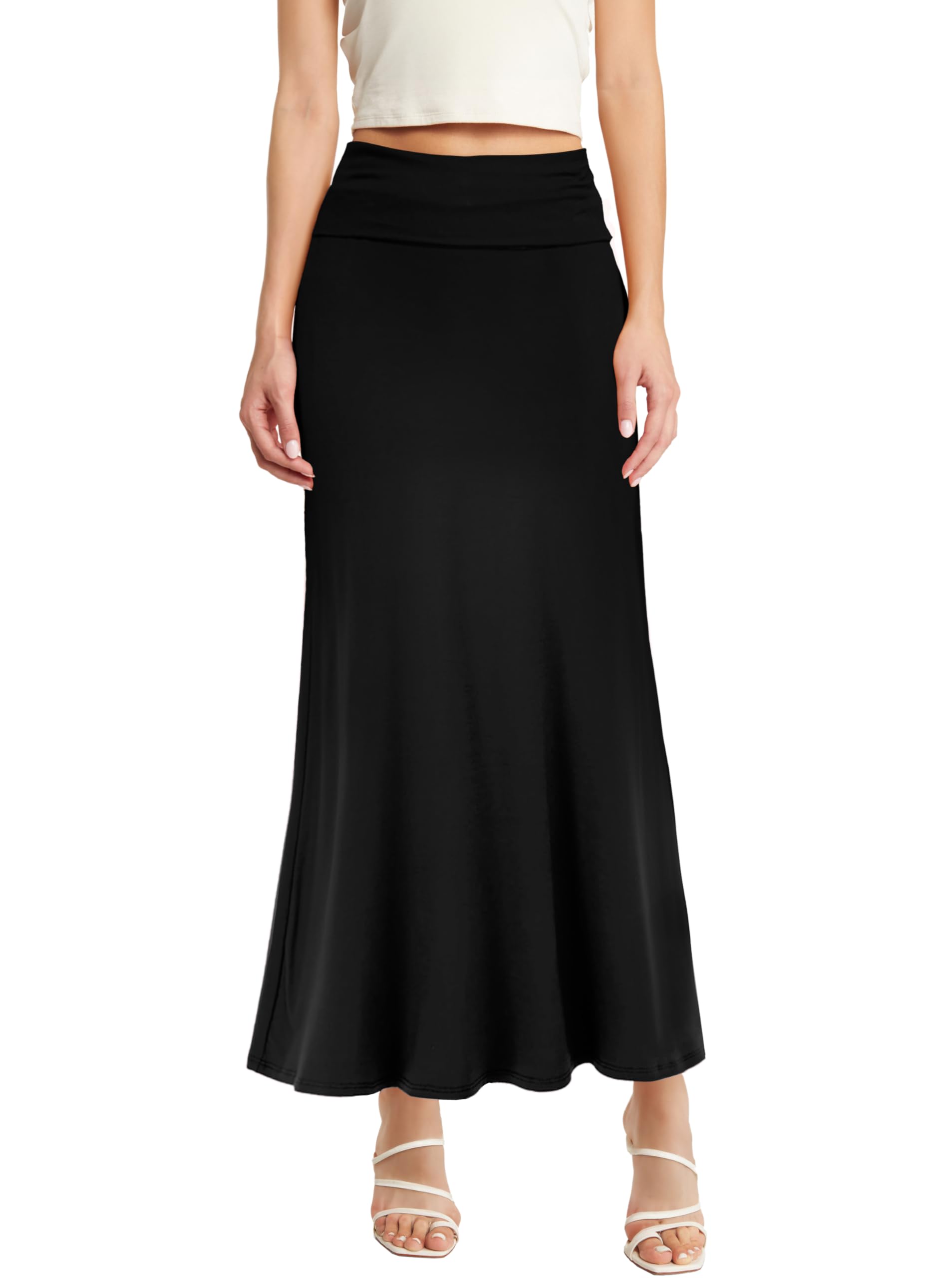 Hybrid Company Womens Stretch Lightweight Flowy Maxi Skirt Casual Fold Over Waist Made in USA