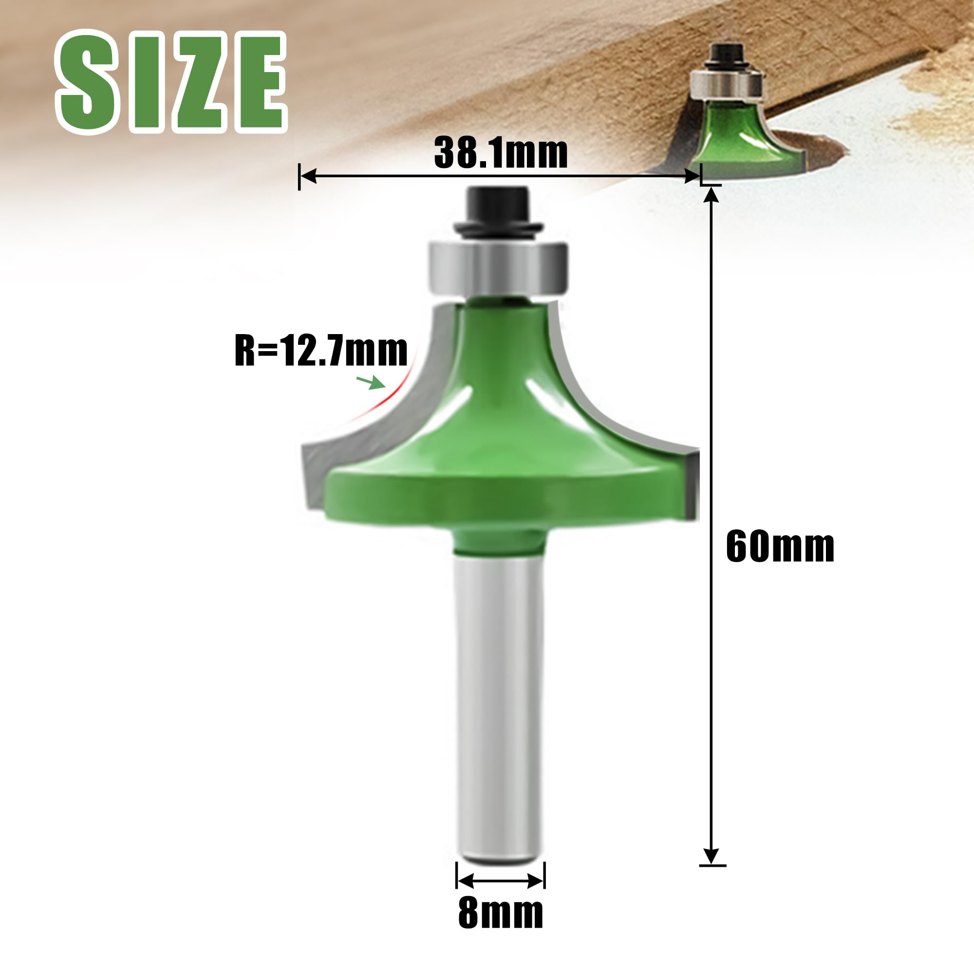 Fresa Rotonda 8 mm, Fusto 8 mm, Raggio 12,7 mm, in Metallo Duro per Fresa Superiore Con Cuscinetto a Sfera, per Lavorazione del Legno