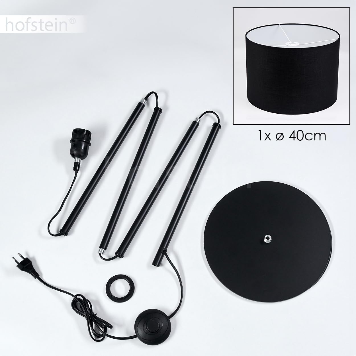 Stehleuchte Bassagoda, Stehlampe aus Metall/Stoff in Schwarz/Weiß, Leuchte im skandinavischen Design mit rundem Schirm (Ø 40 cm) u. Fußschalter, Höhe 158 cm, 1 x E27, ohne Leuchtmittel