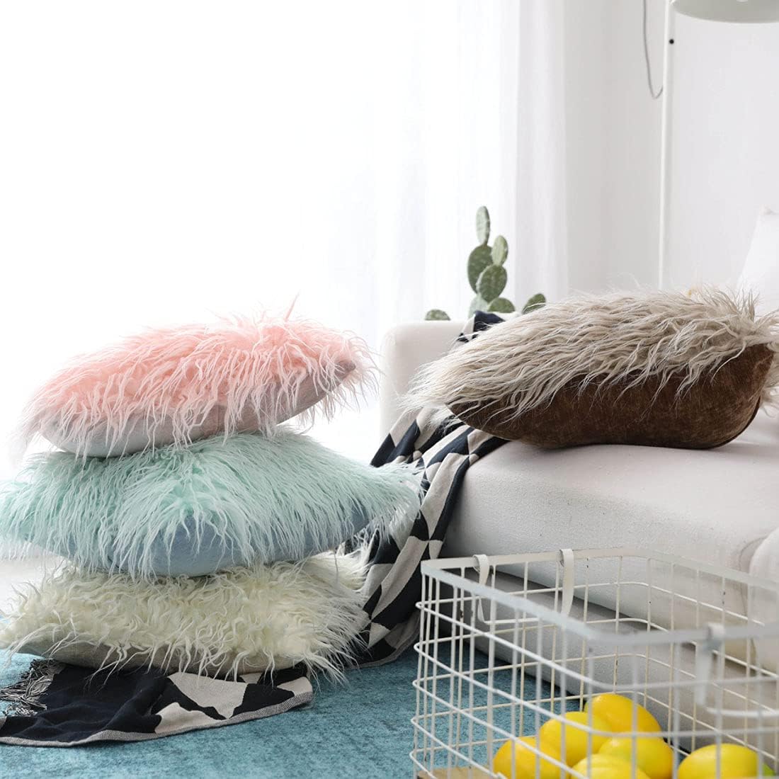 vctops Luxury Faux Fur Decorative Throw Pillow Cover Super Soft Long Fur Fluffy Square Cushion Case for Sofa Couch Bedroom (Pink, 24"x24")