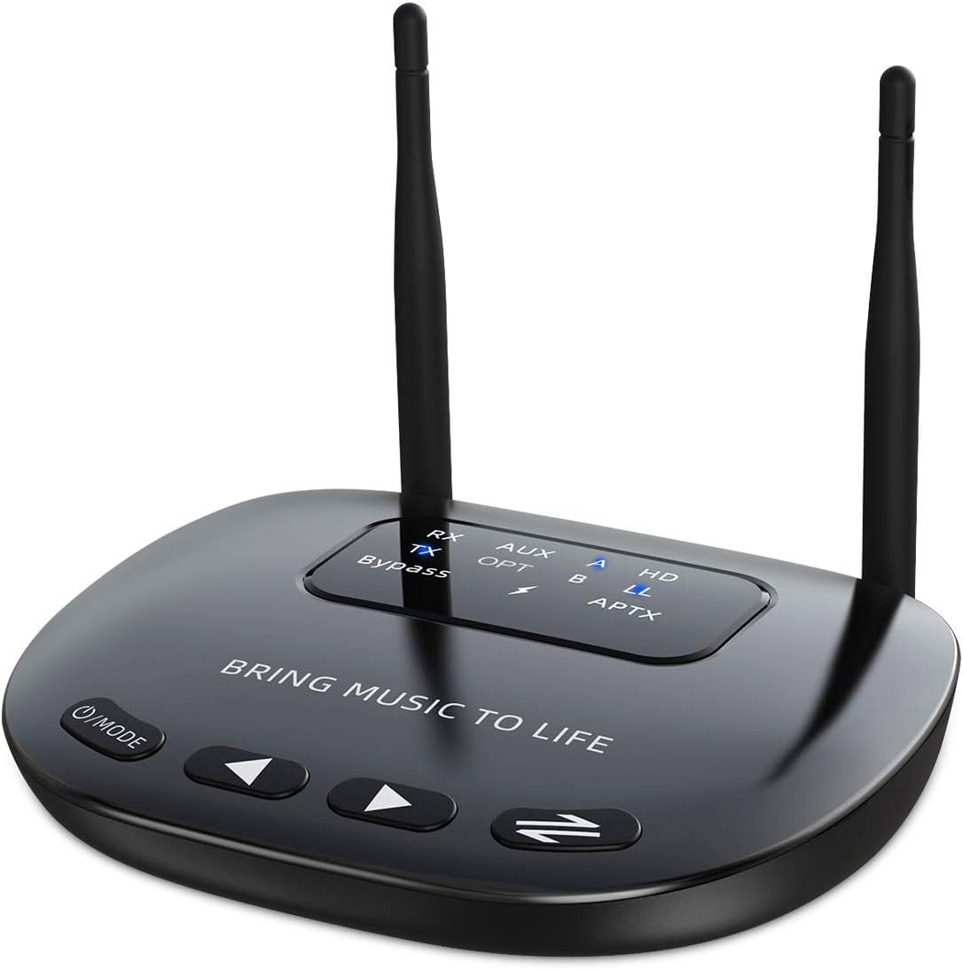 Giveet Long Range Bluetooth Latest V5.0 Transmitter Receiver Pass-Through 3 in 1, 164Ft Wireless Audio Adapter, Low Latency, Dual Link, Optical RCA AUX 3.5mm for TV PC Home Stereo
