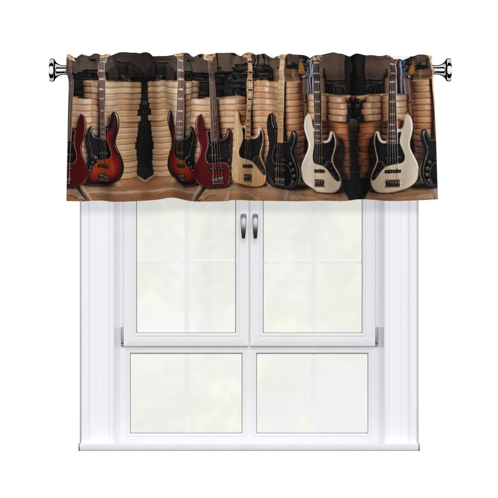 WHJSHOP Guitar Bass Music Musical Instruments Prints Curtain Valance 54x18in - Peach Skin Kitchen Window Layer, Filtered Light & Quick-Install Rod Pocket Cover