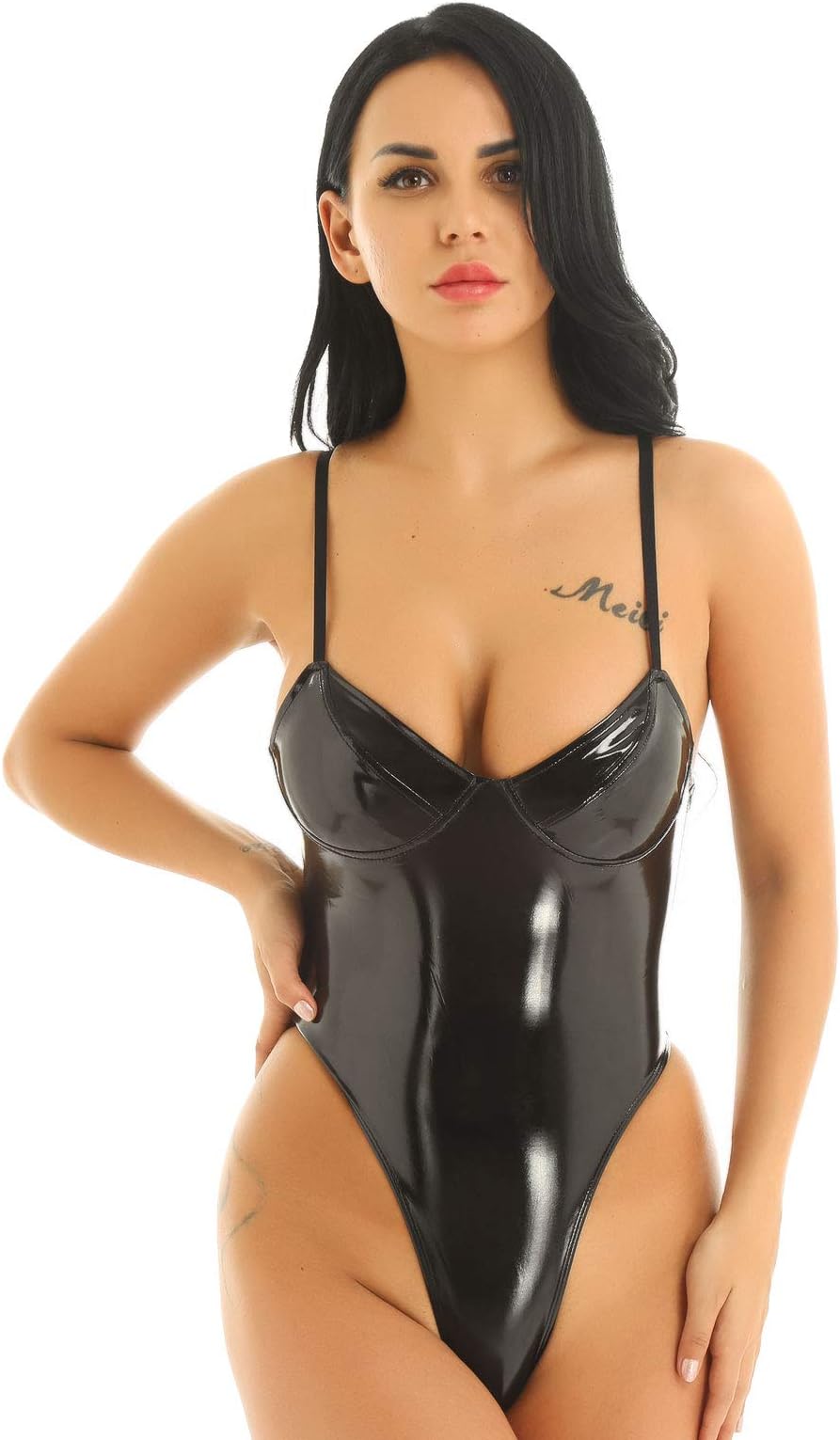 YOOJIA Womens Wetlook High Cut Bodysuit One-Piece Patent Leather Leotard Spaghetti Straps Swim Tops Black Large