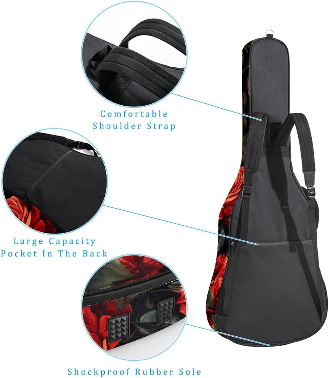 40 41 42 Inch Guitar Bags, Waterproof Padded Acoustic Guitar Case Backpack with Adjustable Shoulder Strap & Pockets, Red Rose Vintage Pattern