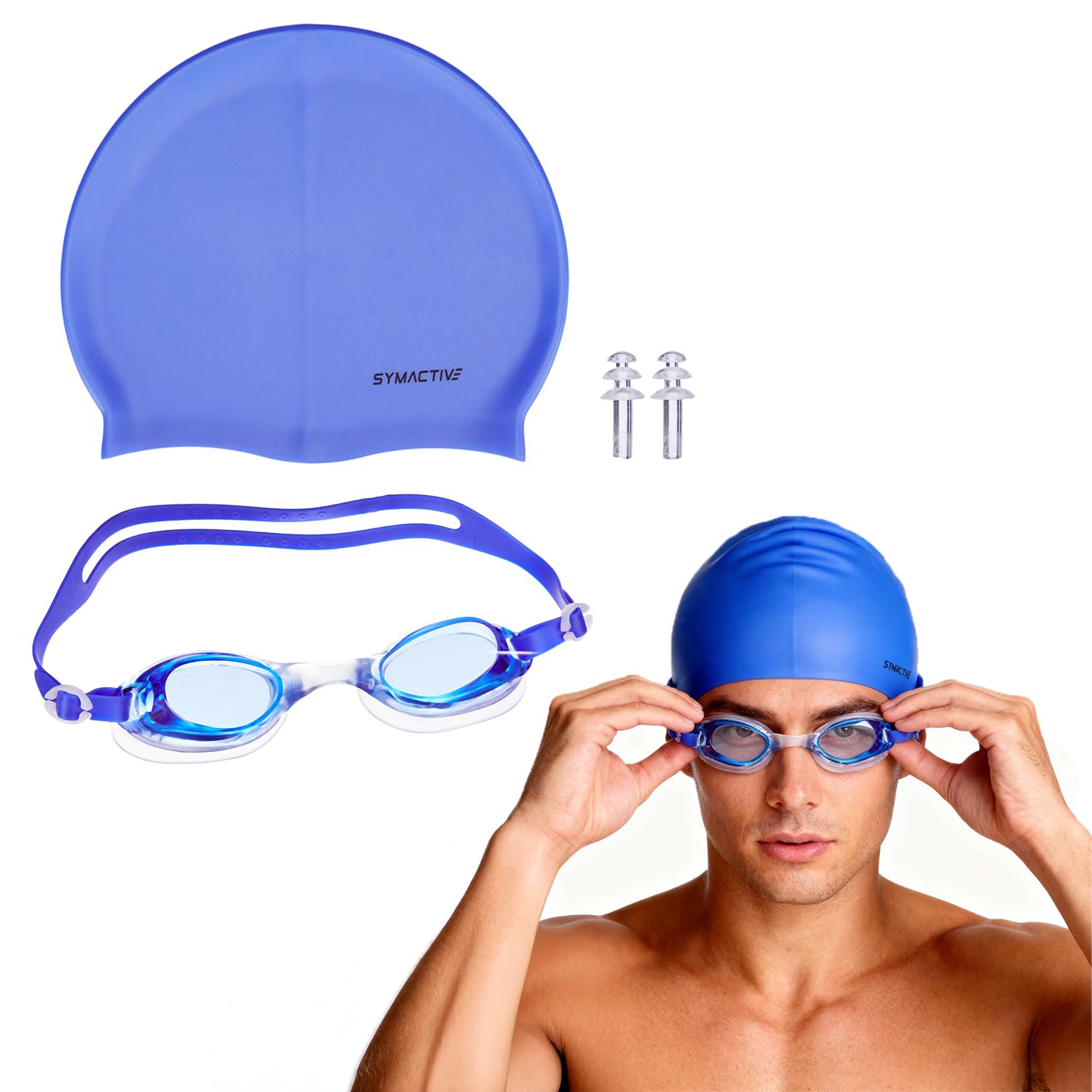 Amazon Brand - Symactive Unisex Swimming Goggles & Swimming Cap | Anti-Fog Goggles with Adjustable Strap | Silicone Free Size Cap | Waterproof | Blue-image-32
