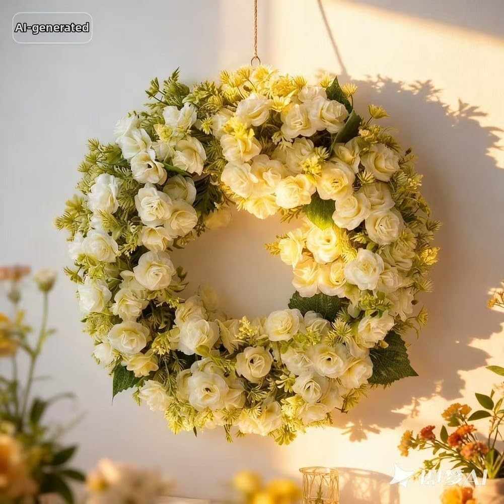 Corona de flores artificiales blancas y rosas de 45 cm simulada para colgar en la pared, boda, fiesta, decoración del hogar (blanco)