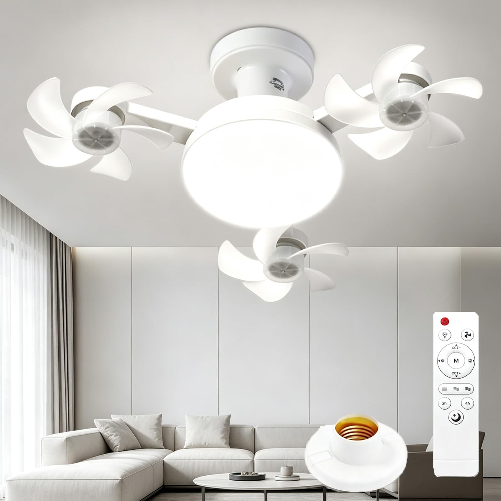 ANBTUKJ Ceiling Fan Light with Remote Dimmable LED Fan, 3-Head 50W 45cm Foldable White 3 Speeds Quiet Timer, for Bedroom Dining Room Kitchen