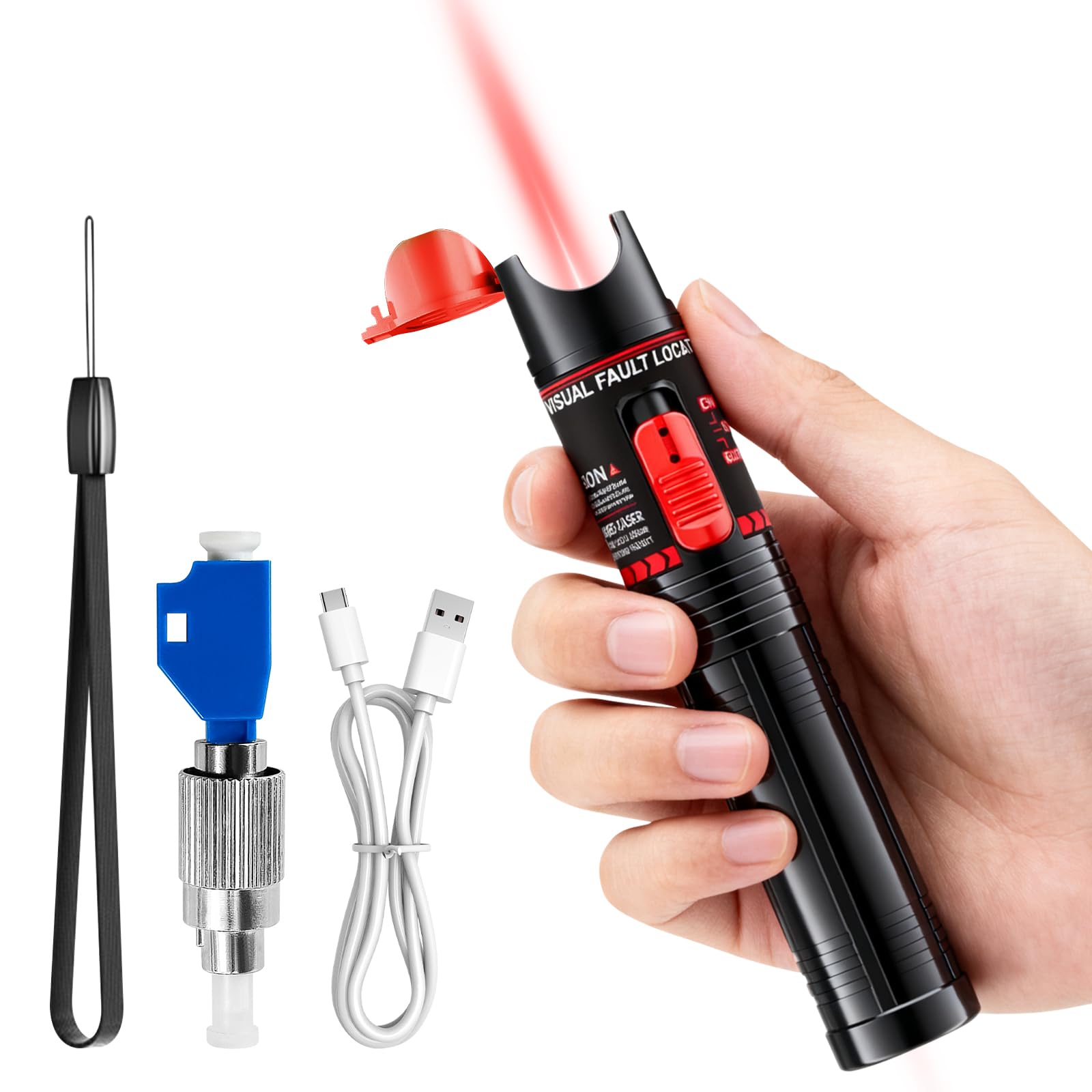100mW Visual Fault Locator Kit Rechargeable with 2.5mm Universal Connector FC/SC/SF, FC to LC Adapter, 100-120 km VFL Red Light Pen Fibre Network Cable Test Kit