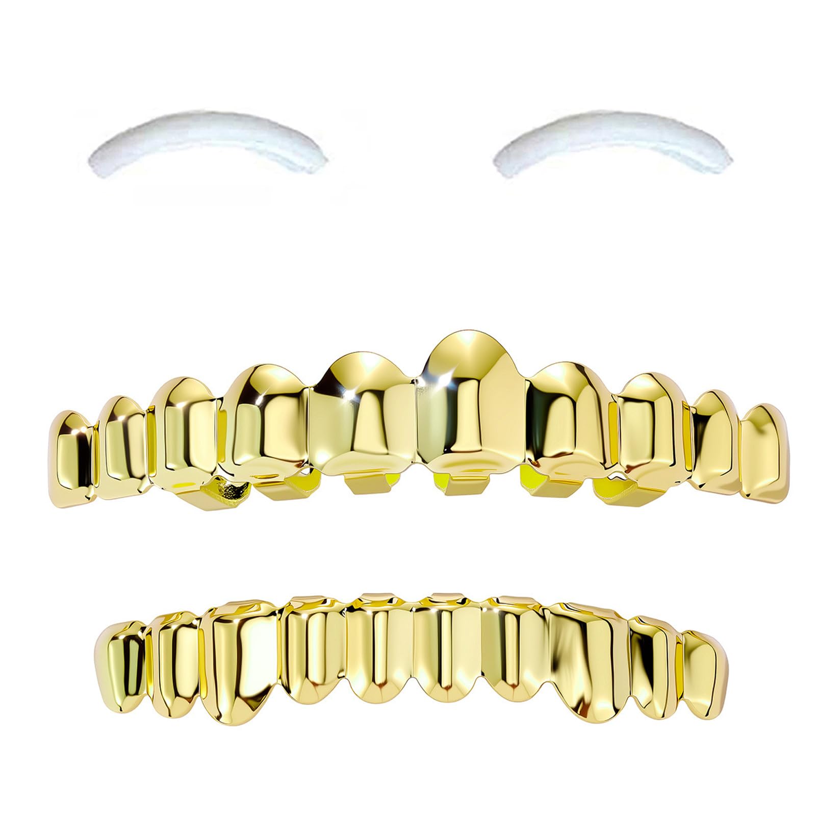 SSyang 18K Hip Hop Teeth Grills for Mouth Braces Decoration with 2 Silicone Moldings Teeth Grills, for Mouth Top Bottom Music Festival Party Hip Hop Rapper Decorations (Gold+10 Teeth) — image 1