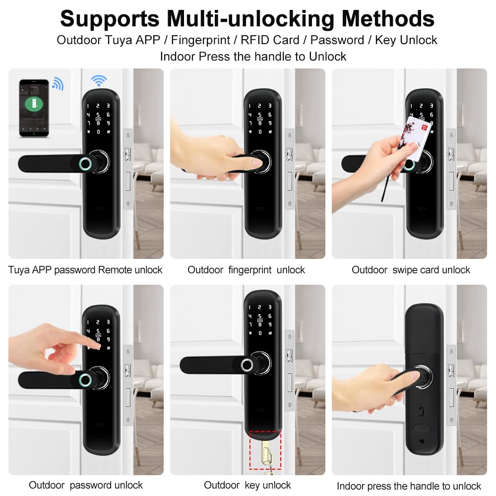TUYA Serrure de porte intelligente avec poignée : authentification biométrique, mot de passe numérique, entrée sans clé à empreintes digitales, serrure à mortaise électronique Bluetooth