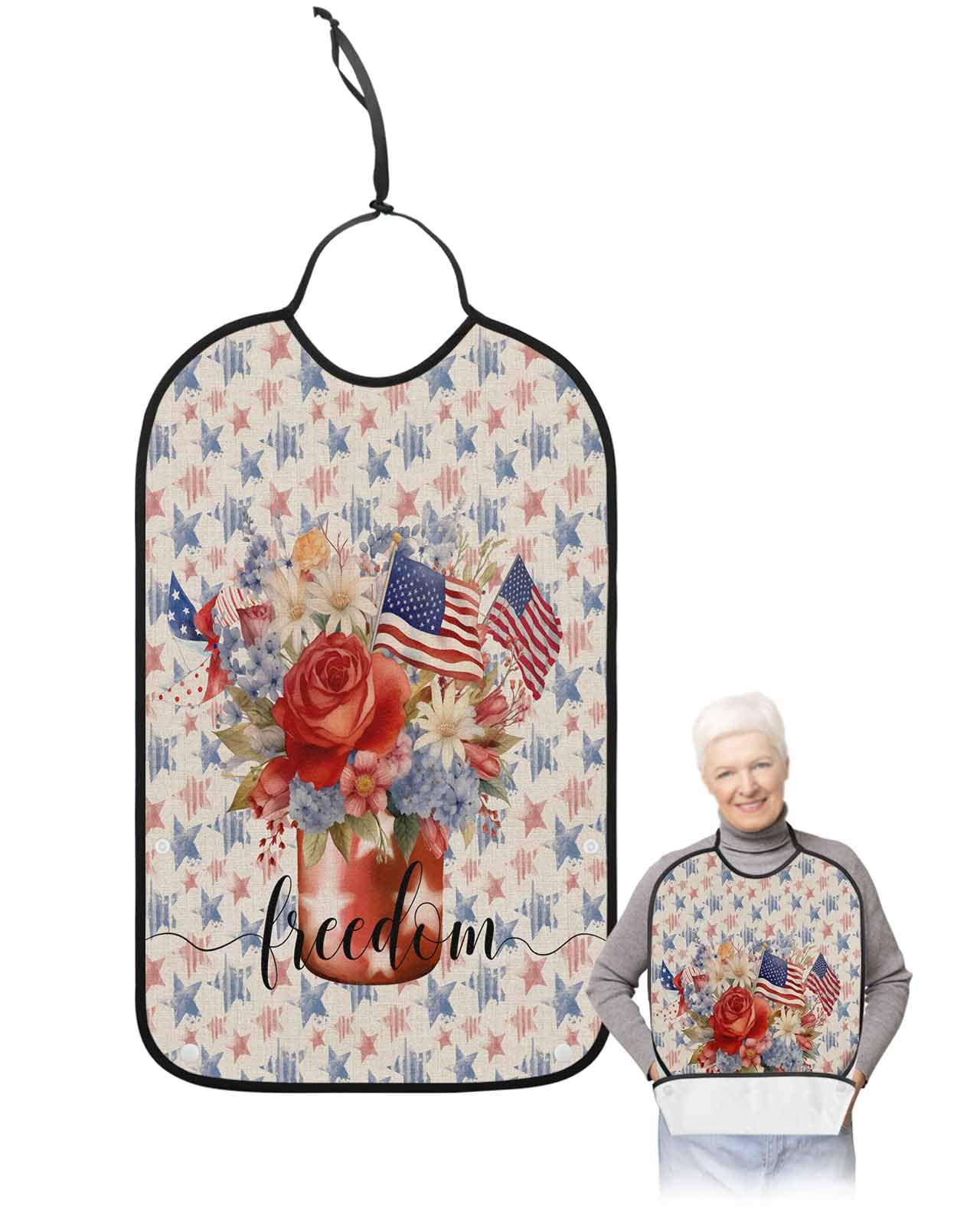 Adult Bibs for Elderly Women - 4th of July Blue Red Waterproof Dining Clothing Protectors with Crumb Catcher for Eating/Feeding, Star Watercolor Floral American Flag Terry Cloth Bib Machine Washable