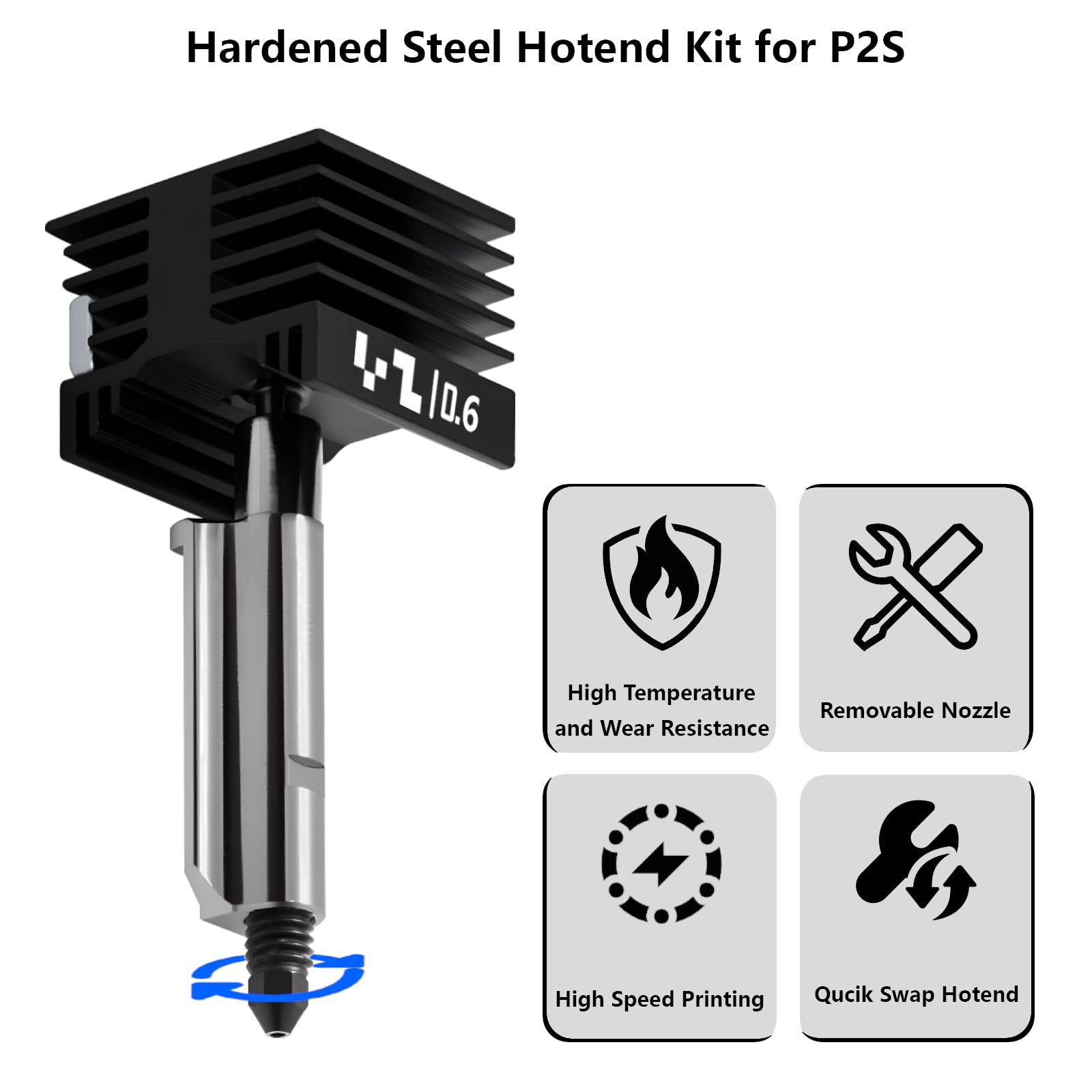 Zestaw ulepszający 0,6mm P2S/H2S Hotend, zestaw grzejnika głowicy drukarki 3D z 0,6mm wymienną nasadką ze stali hartowanej dla Bambu Lab H2D, H2C, A1/A1 Mini