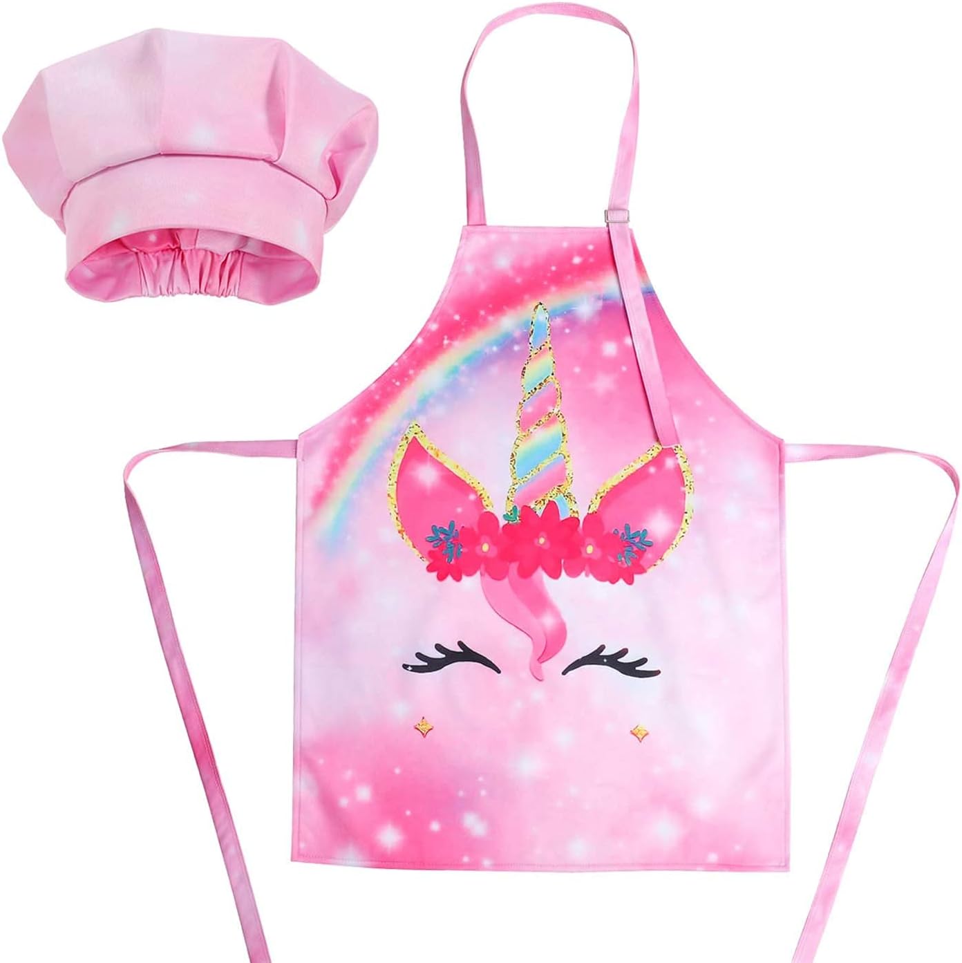 Mumoobear 1 Set Unicorn Apron And Chef Hat AdjUStable Chef Apron And Hats For Kids For Boys Girl's Kitchen Cooking Baking Painting Wear(Pink)