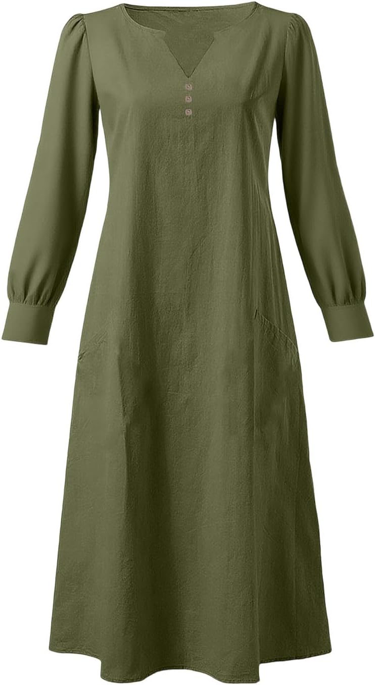 Womens Cotton Linen Dress Casual Button Down Flowy Plus Size Maxi Dresses 3/4 Pleated Sleeve Shift Dress with Pocket - Image 4
