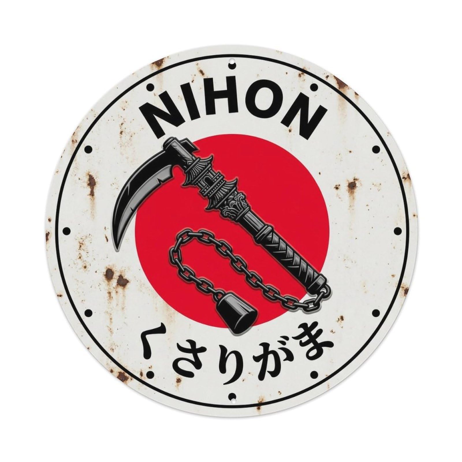 Kusarigama Chain Nihon Sickle Weapon Aged Market Badge Metal Tin Sign Plaque Wall Decor for Cafe, Man Cave, Club Bar, Office, Home Garden Round Metal Poster 8x8Inch